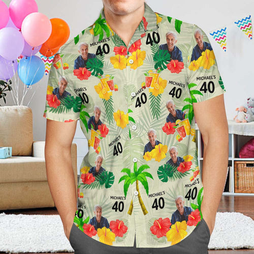 Custom Your Own Face Birthday Hawaiian Shirt Custom Date and Name Yellow  Flower and Palm Tree Shirt
