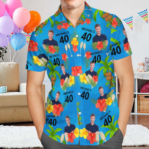 Custom Your Own Face Birthday Hawaiian Shirt Custom Date and Name Yellow and Red Flowers Shirt