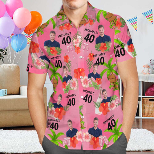 Custom Pink Date and Name Birthday Face Hawaiian Shirt  Red Flower and Coconut Tree Hawaiian Shirt