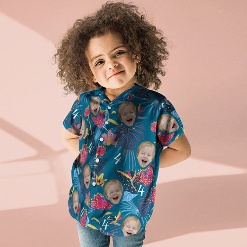 Custom Kid's Face Hawaiian Shirt Number and Face Hawaiian Shirt Dark Blue Sleeves and Pink Flowers Gift - MyFaceSocksAu