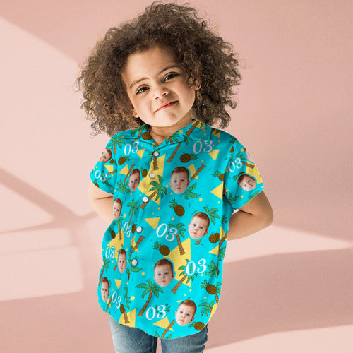 Custom Multi-color Face And Numbers Kid's Hawaiian Shirt Coconut Tree And Pineapple Birthday Gift - MyFaceSocksAu