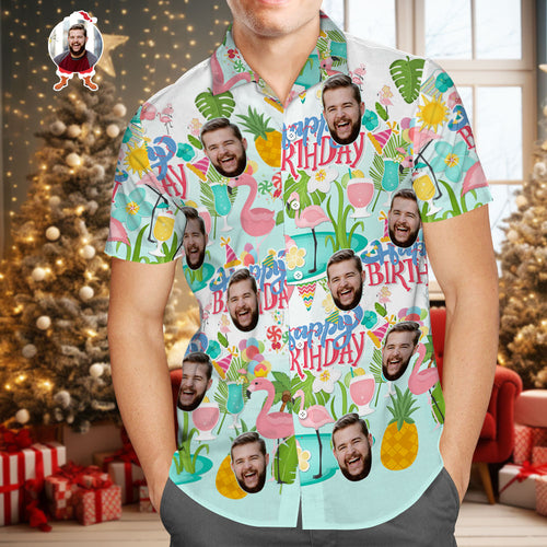 Christmas Gifts , Custom Happy Birthday Hawaiian Shirt Flamingo Party Personalized Face Shirt
