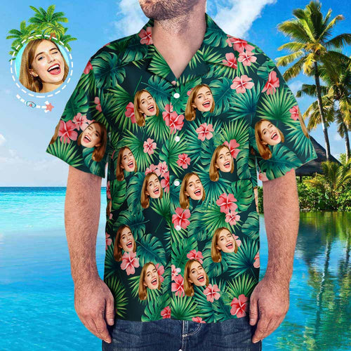 Custom Logo Hawaiian Shirts Red Flowers Design Personalized Aloha Beach Shirt For Men