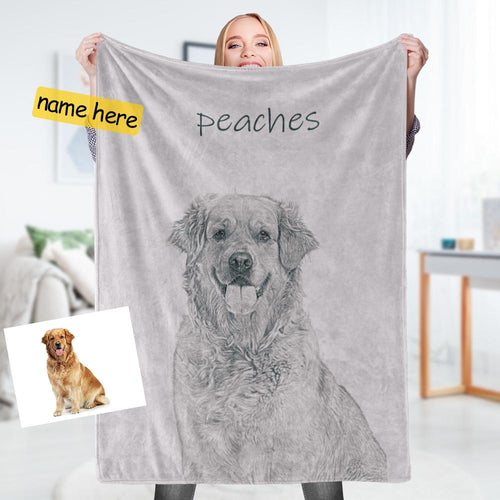 Custom Photo and Name Blankets Personalized Fleece Blanket Gifts For Family Sketch Dog