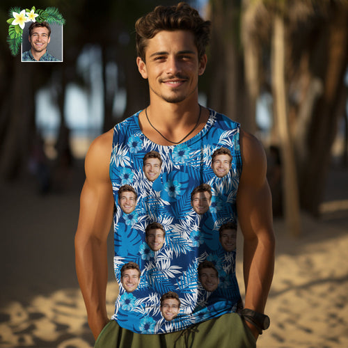 Custom Thick Face Tank Tops Men's Sleeveless Shirt All Over Print Blue - MyFaceSocksAu