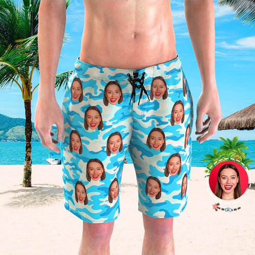 Custom Face Beach Trunks All Over Print Men's Photo Shorts - Aqua Camo
