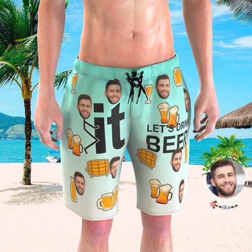 Custom Face Beach Trunks All Over Print Men's Photo Shorts - Lets Drink Beer