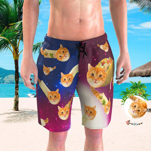 Custom Face Beach Trunks All Over Print Men's Photo Shorts - Pizza Cat