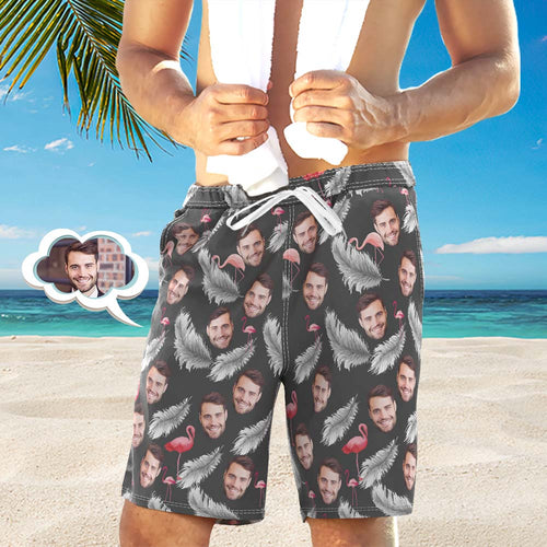 Men's Custom Face Beach Trunks All Over Print Photo Shorts - Feather And Flamingo Black