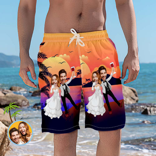Custom Photo Beach Shorts Personalized Sunset and Coconut Grove Wedding Swim Trunks