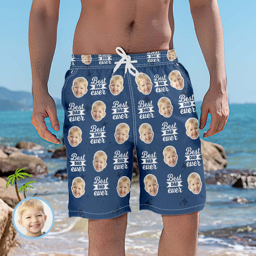 Custom Beach Shorts Photo Blue Swim Trunks Father's Day Gift - Best Dad Ever - MyFaceSocksAu