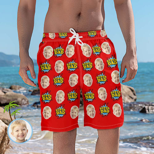 Custom Beach Shorts Photo Red Swim Trunks Father's Day Gift - Super Dad - MyFaceSocksAu