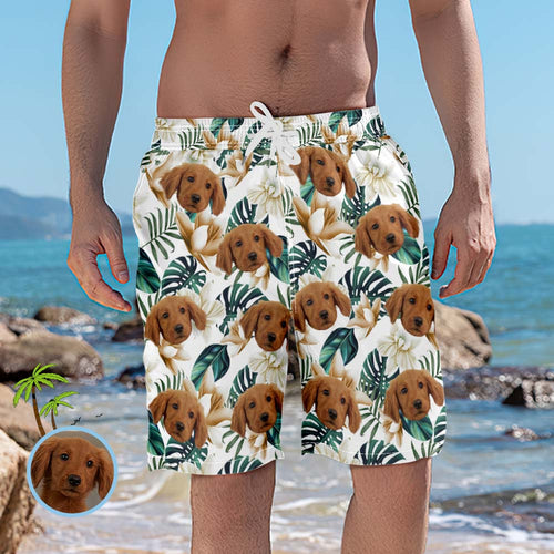 Men's Custom Face Beach Trunks Leaves Style Photo Beach Shorts Gift for Pet Lovers - MyFaceSocksAu