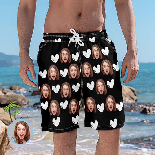 Personalized Beach Shorts for Men White Hearts Custom Face Swim Trunks - MyFaceSocksAu