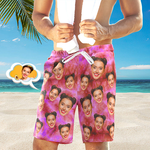 Custom Face Photo Men's Swim Trunk Water Shorts Summer Tie Dye Pink - MyFaceSocksAu