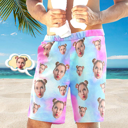 Custom Face Photo Men's Swim Trunk Water Shorts Summer Tie Dye Light Pink - MyFaceSocksAu