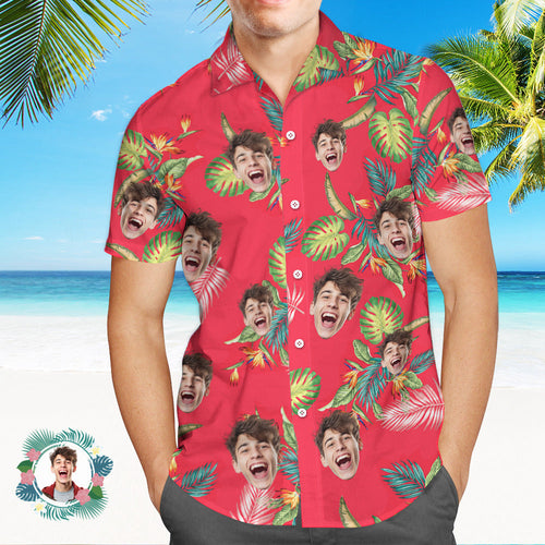 Custom Men's Shirt Face All Over Print  Hawaiian Shirt red Leaves - MyFaceSocksAu