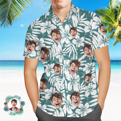 Custom Men's Shirt Face All Over Print Hawaiian Shirt White Green Large Leaves - MyFaceSocksAu