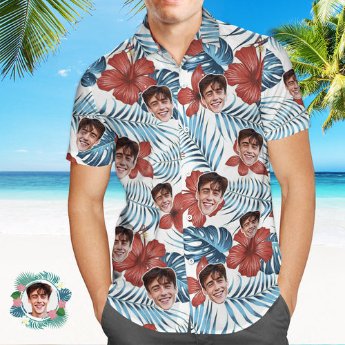 Custom Men's Shirt Face All Over Print Hawaiian Shirt White Hibiscus - MyFaceSocksAu