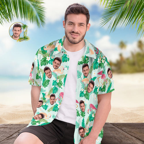 Custom Men's Shirt Face All Over Print  Hawaiian Shirt Green Leaves and Flamingo - MyFaceSocksAu