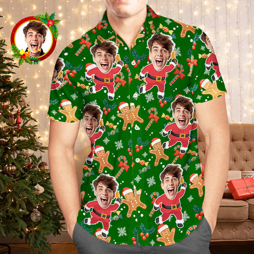 Custom Face Hawaiian Shirt Santa Gingerbread Man Men's Christmas Shirts - MyFaceSocksAu