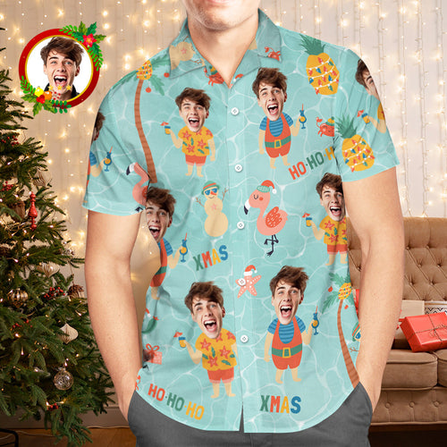 Custom Face Hawaiian Shirt Pineapple With Santa Claus Men's Christmas Shirts - MyFaceSocksAu