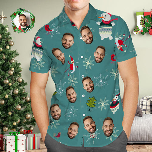 Custom Face Hawaiian Shirt Snowflakes and Snowmen Green Hawaiian Shirts Christmas Gift for Him - Myfacesocks