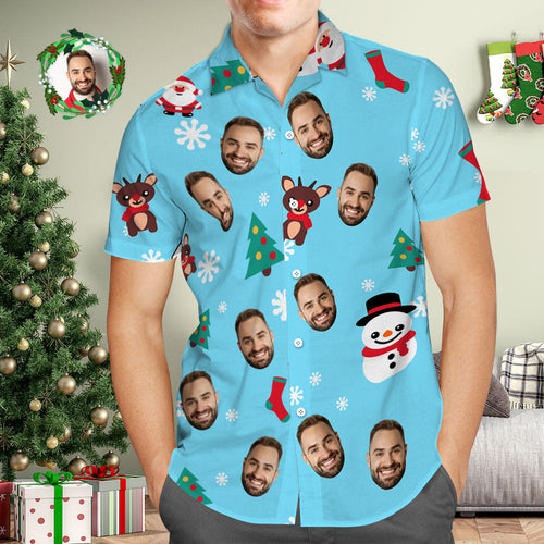 Custom Face Hawaiian Shirt Personalized Photo Blue Hawaiian Shirts Snowman and Elk Christmas Gift for Him - Myfacesocks