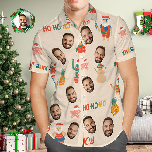 Custom Face Hawaiian Shirt Personalized Photo Hawaiian Shirts Xmas HOHOHO Merry Christmas - Myfacesocks