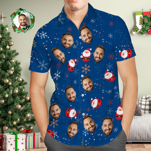 Custom Face Hawaiian Shirt Personalized Photo Blue Hawaiian Shirts Cute Santa Claus Merry Christmas - Myfacesocks