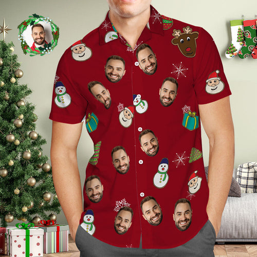 Custom Face Hawaiian Shirt Personalized Photo Red Hawaiian Shirts Santa Claus Merry Christmas - Myfacesocks