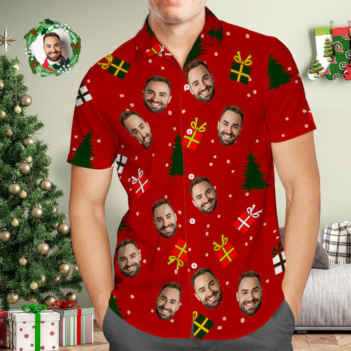 Custom Face Men's Hawaiian Shirt Personalized Photo Red Hawaiian Shirts Christmas Tree and Gifts Merry Christmas - Myfacesocks