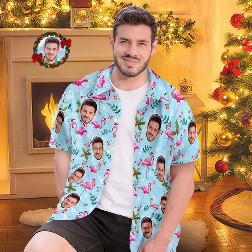 Custom Face All Over Print Men's Hawaiian Shirt Christmas Flamingo Seamless Pattern Hawaiian Shirt - MyFaceSocksAu