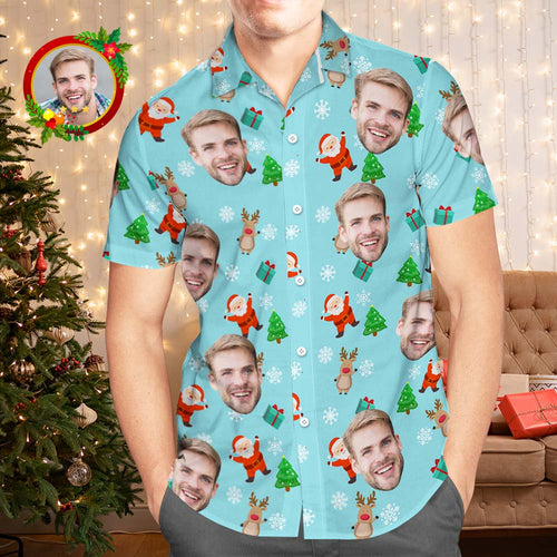 Custom Face Hawaiian Shirts Personalized Photo Gift Men's Christmas Shirts Cute Santa Claus and Reindeer - MyFaceSocksAu