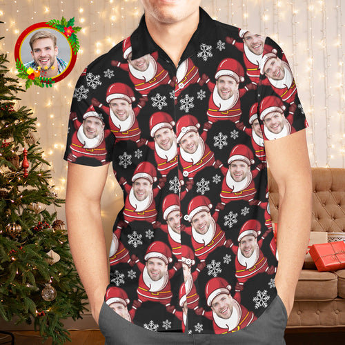 Custom Face Hawaiian Shirts Personalized Photo Gift Men's Christmas Shirts Santa Claus and Snowflake - MyFaceSocksAu