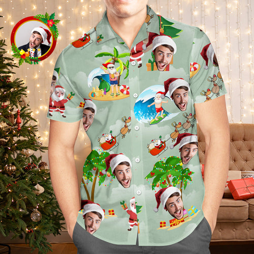 Custom Face Hawaiian Shirts Personalized Photo Gift Men's Christmas Shirts Surfing Vacation Santa - MyFaceSocksAu
