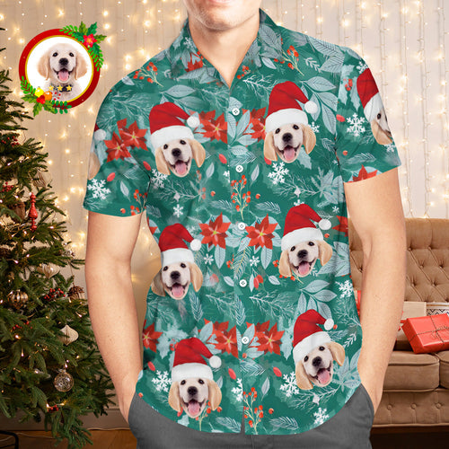 Custom Face Hawaiian Shirts Personalized Photo Gift Men's Christmas Shirts Hawaiian Leaves Green - MyFaceSocksAu