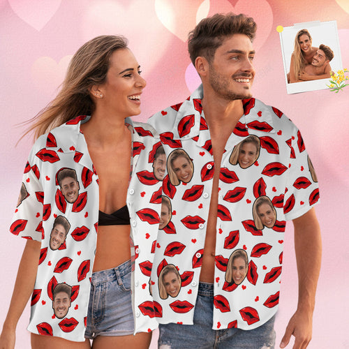 Custom Face Hawaiian Style Shirt Funny Red Lips Couple Outfit - MyFaceSocksAu