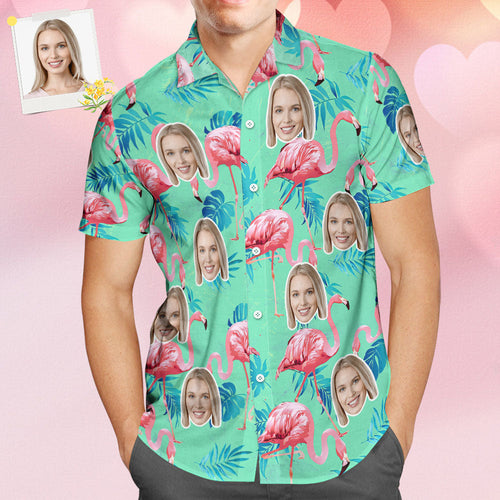 Custom Face Hawaiian Shirt Flamingo Tropical Shirt For Men ALL Over Printed Green and Palm Leaves - MyFaceSocksAu