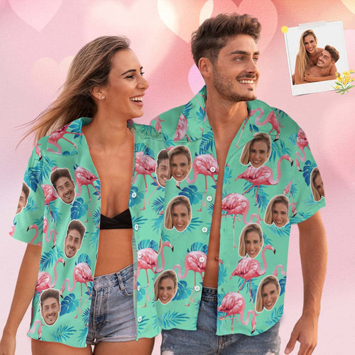 Custom Face Hawaiian Shirt Flamingo Tropical Shirt Couple Outfit ALL Over Printed Green and Palm Leaves - MyFaceSocksAu