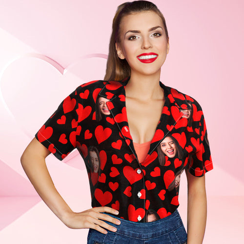 Custom Face Hawaiian Shirt Flamingo Tropical Shirt For Women Red Hearts Valentine's Day Gifts - MyFaceSocksAu