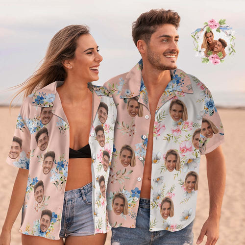 Custom Face Hawaiian Shirt Shirt Couple Outfit Patchwork Printing Shirt Valentine's Day Gifts - MyFaceSocksAu