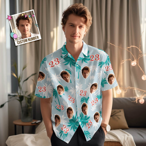 Custom Face And Number Birthday Hawaiian Shirts Coconut Tree Shirt - MyFaceSocksAu