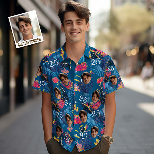 Custom Face Hawaiian Shirt Number and Face Hawaiian Shirt Dark Blue Sleeves and Pink Flowers - MyFaceSocksAu