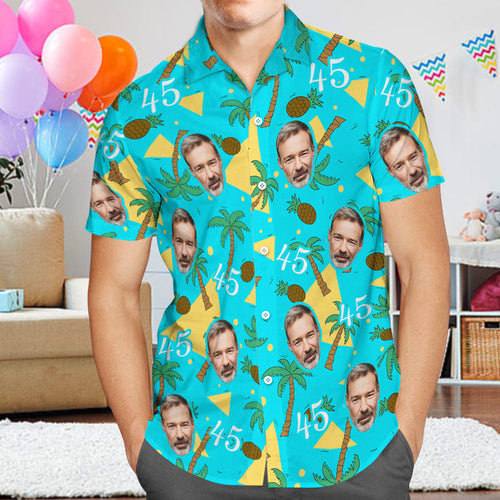 Custom Face and Numbers Hawaiian Shirt Father's Day Birthday Present Coconut Tree and Pineapple Gifts - MyFaceSocksAu