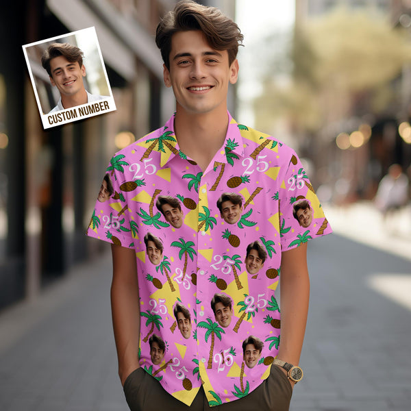 Custom Multi-color Face and Numbers Hawaiian Shirt Coconut Tree and Pineapple Gift for Men - MyFaceSocksAu