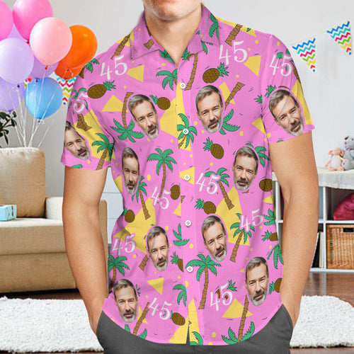 Custom Multi-color Face and Numbers Hawaiian Shirt Father's Day Birthday Present Coconut Tree and Pineapple Gift for Dad - MyFaceSocksAu