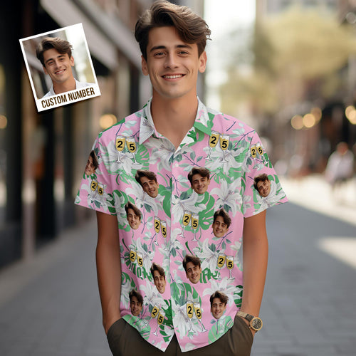 Custom Face Hawaiian Shirt Number in Wine Glass Pink And Green Sleeves Face Hawaiian Shirt Gift for Him - MyFaceSocksAu