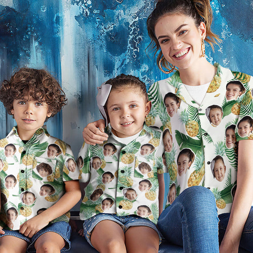 Custom Face Shirt Women's and Kids Hawaiian Shirts Short Sleeve Shirt Mother's Day Gift Pineapple