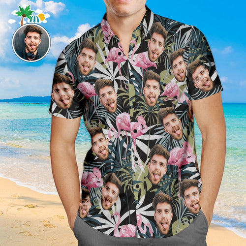 Custom Face Hawaiian Shirt Leaves and Flamingo Personalized Aloha Beach Shirt For Men - MyFaceSocksAu